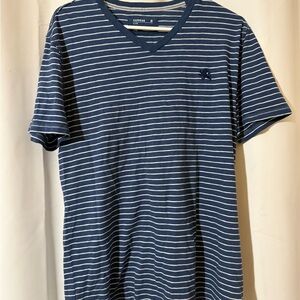 Express Men's Navy and White Striped V-Neck Tee